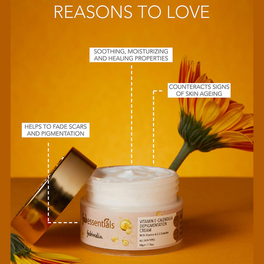 Fabessentials Vitamin E Calendula Depigmentation Cream with Vitamin A-C-E Complex, Kojic Acid & Alpha Arbutin, 100gm