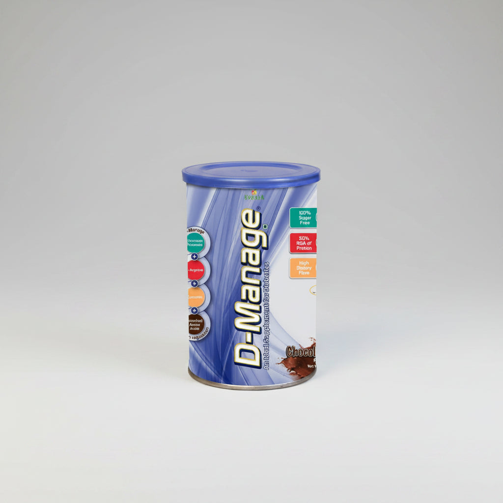 A canister of D-Manage Powder in Chocolate flavor, 200gm.