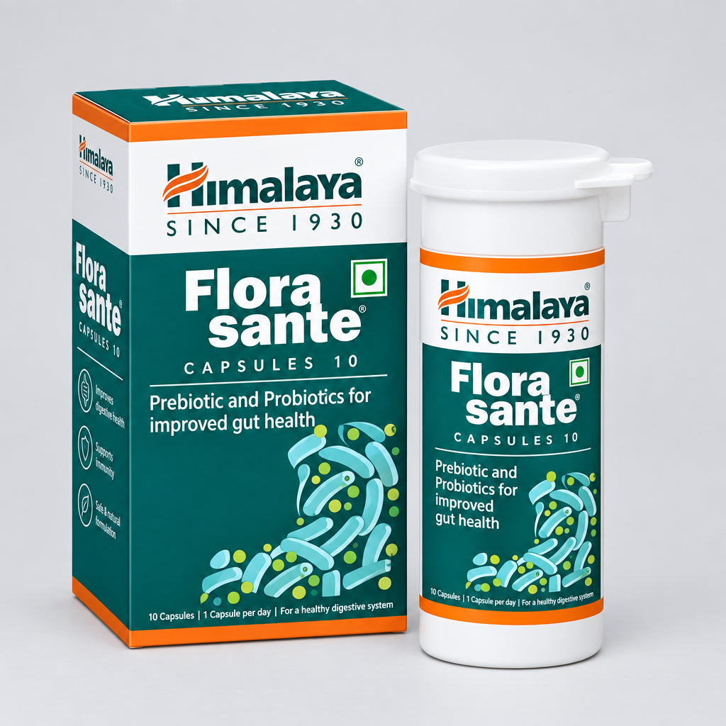 A box and a container of Himalaya Florasante probiotic and prebiotic capsules, with branding and product information displayed.