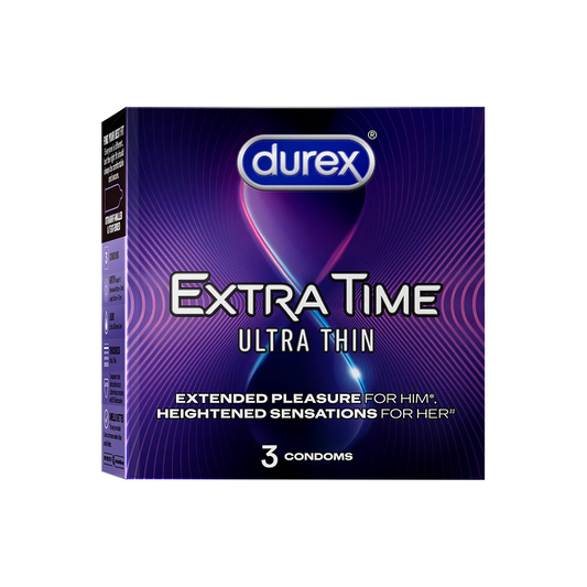 Durex Extra Time ultra thin condoms packaging on a white background