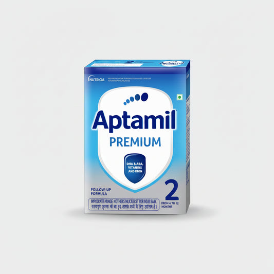 Box of Aptamil Premium 2 Follow-Up Formula, showing the brand logo, product name, and age range on a blue and white background.