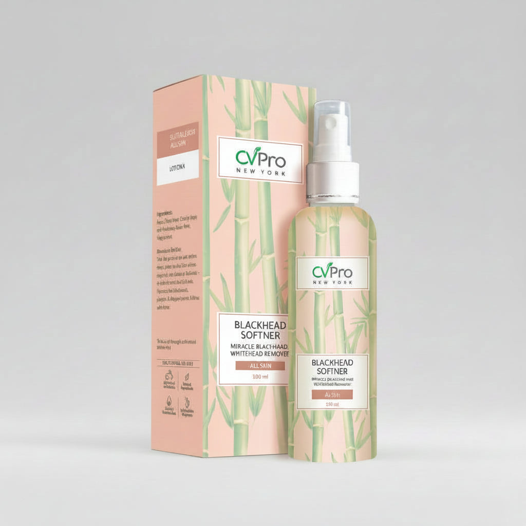Packaging of CVPro Blackhead Softner, featuring the product bottle and box with bamboo graphic design.