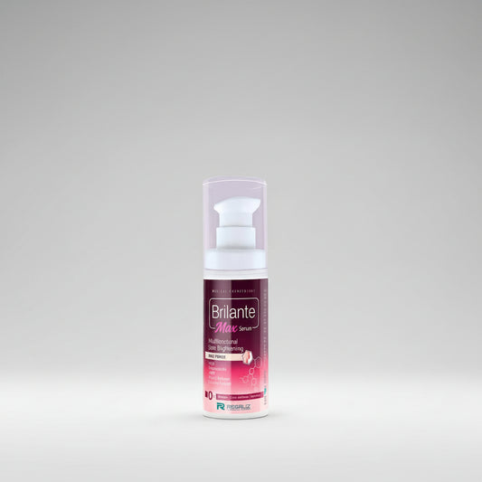 A bottle of Brilante Max Serum, 30ml, with a white and pink label, indicating it is a skin brightening serum.