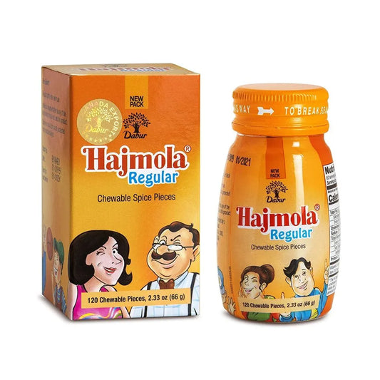 Hajmola Regular chewable spice pieces packaging and bottle on a white background