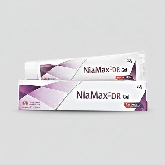 A 30g tube and box of NiaMax-DR Gel by NewNormal Healthcare, featuring a white and purple geometric design on a plain white background.