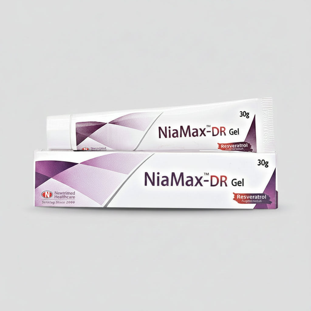 A 30g tube and box of NiaMax-DR Gel by NewNormal Healthcare, featuring a white and purple geometric design on a plain white background.
