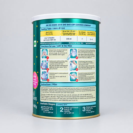 A tall cylindrical canister of AN SOC 20090 infant formula powder, showing the detailed back label with instructions, nutritional information, and branding on a clean white background.