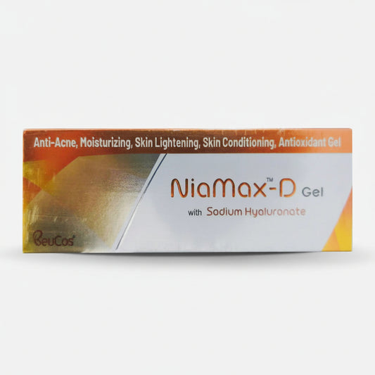 NiaMax-D Gel anti-acne and moisturizing skin gel in a white and orange rectangular box by RevuCos, shown on a white background.