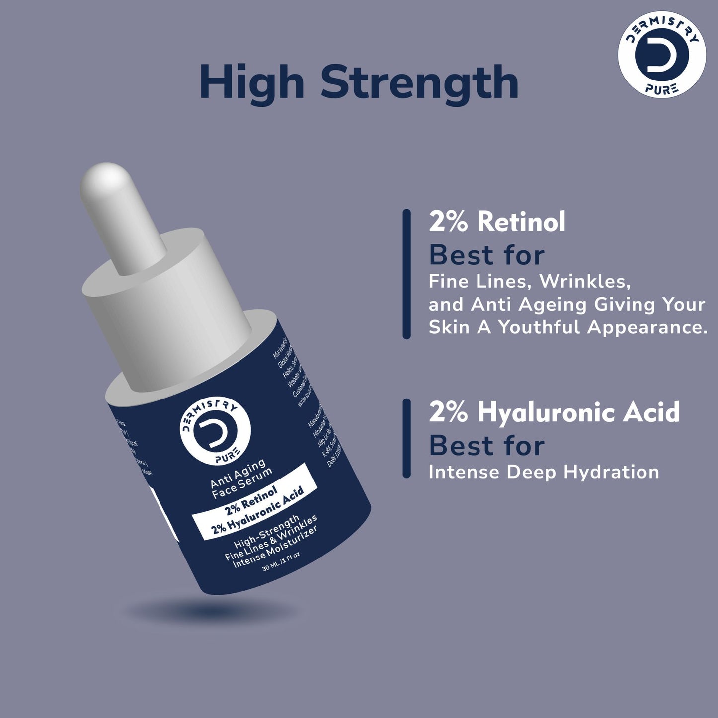 Dermistry Pure 2% Retinol 2% Hyaluronic Acid Anti Aging Moisturizer Fine Lines Wrinkles Face Serum, 30ml