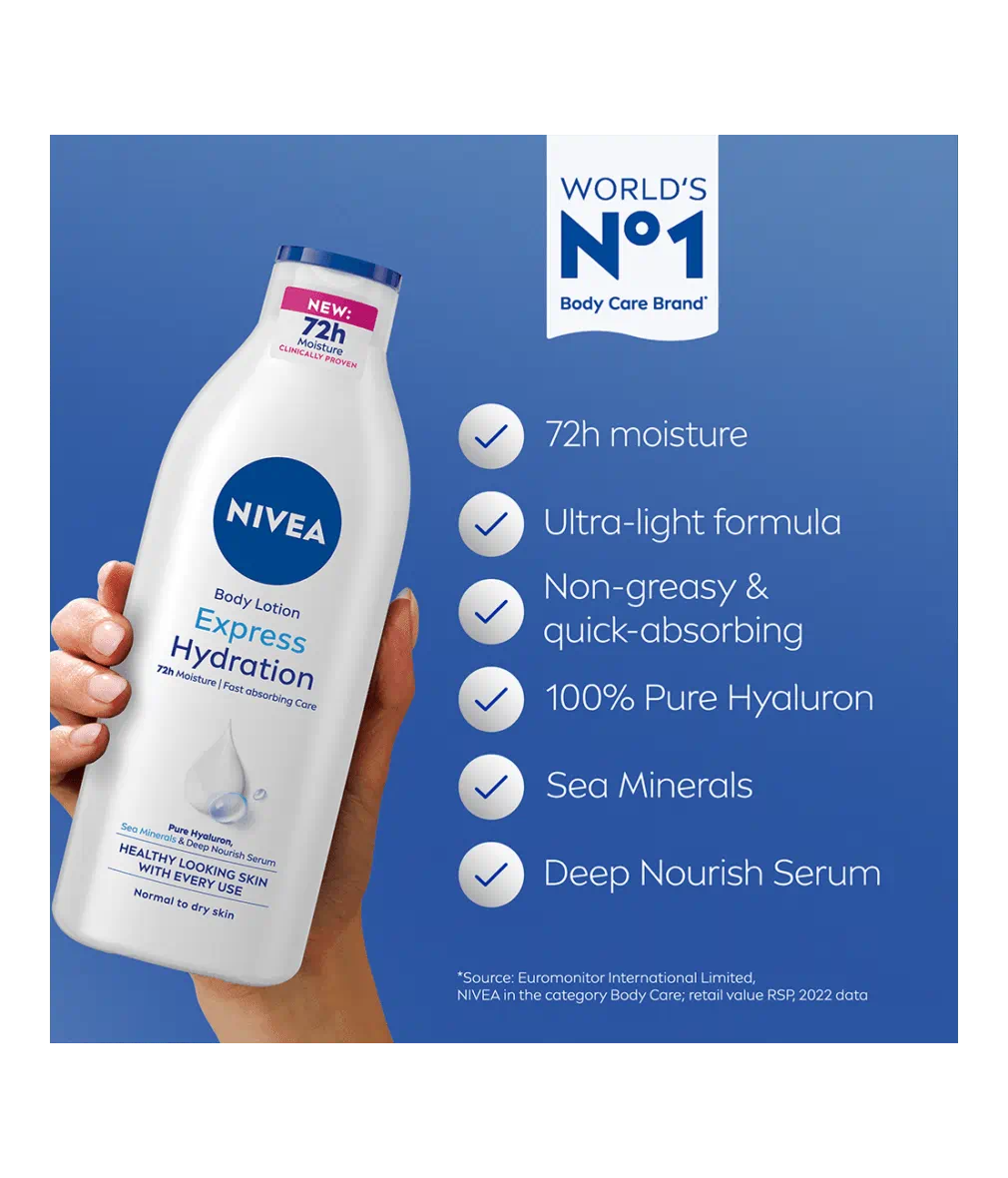 NIVEA body lotion bottle with product features on a blue background