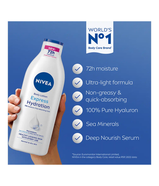 NIVEA body lotion bottle with product features on a blue background
