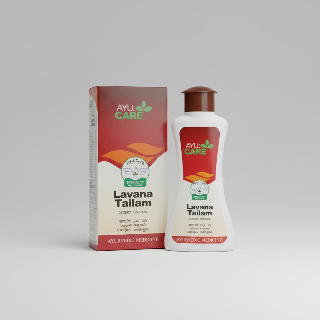 Ayucare Lavana Tailam medicine packaging, featuring the box and the bottle with branding and product name in English and Hindi.