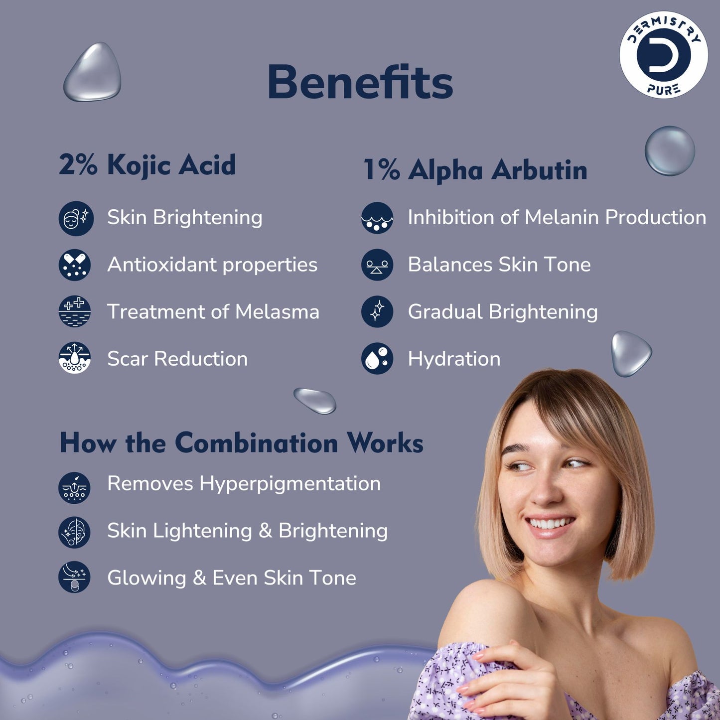 Dermistry Pure 2% Kojic Acid 1% Alpha Arbutin Instant Glowing Bright Light Pigmentation Spots Serum, 30ml