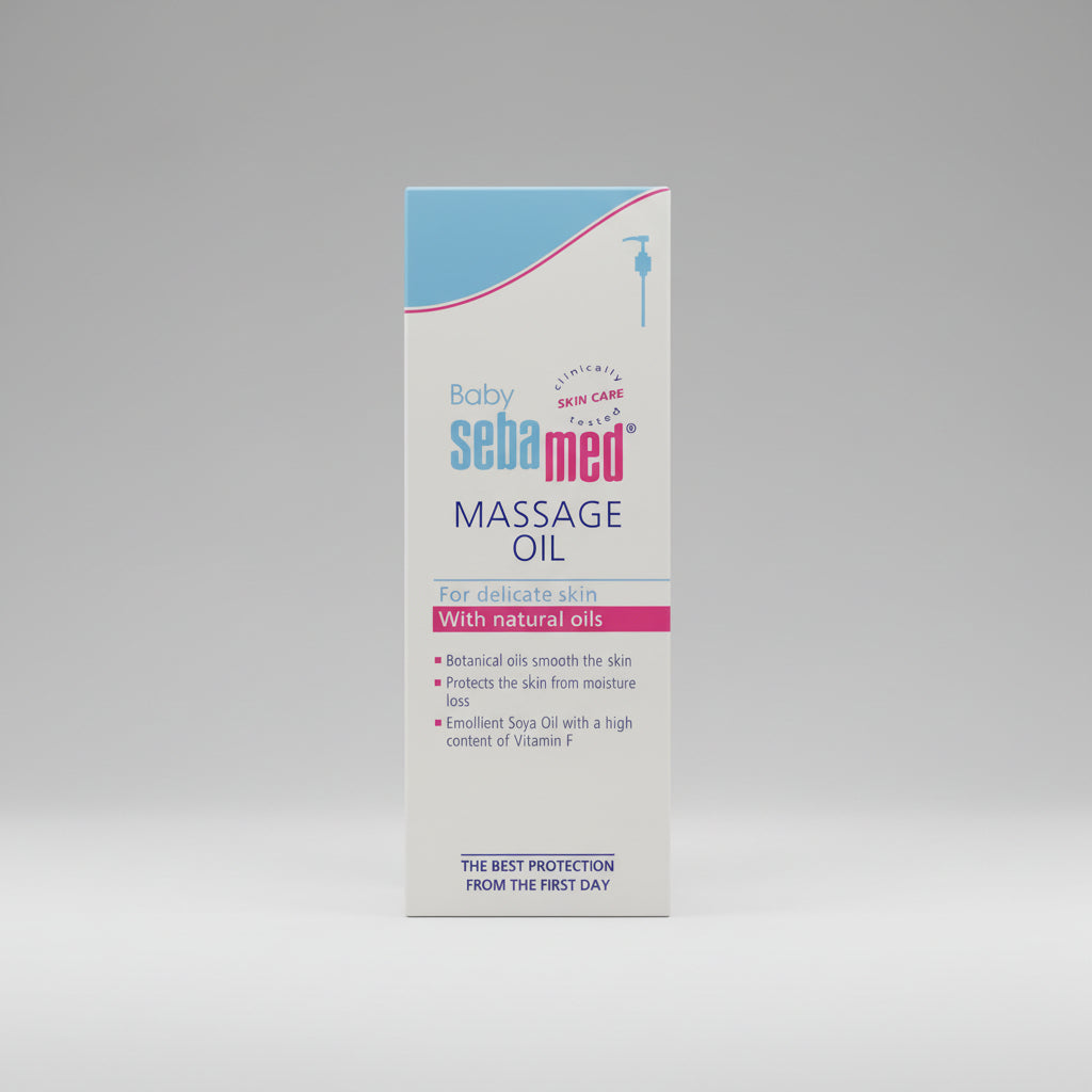 Packaging of Sebamed Baby Massage Oil featuring product information and branding