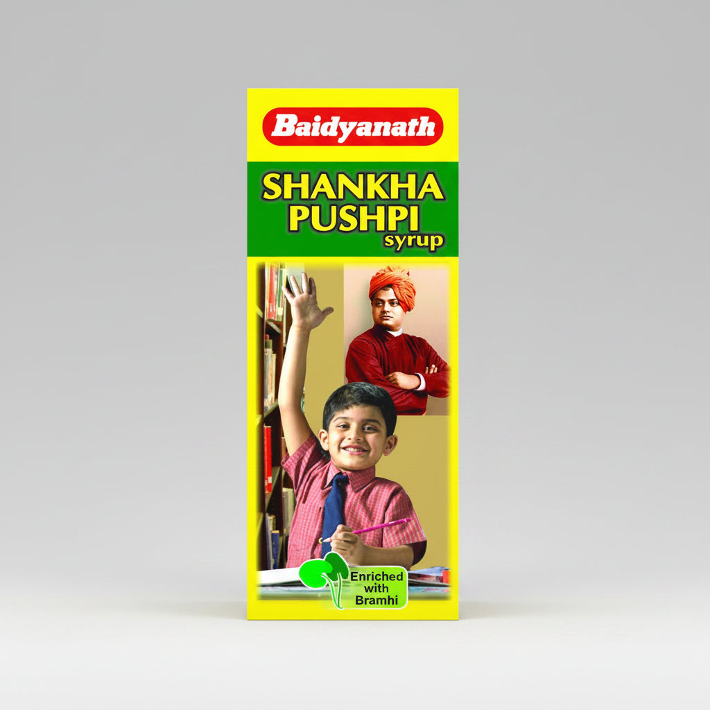 Packaging of Baidyanath Shankhapushpi Syrup featuring a young boy, a portrait of a man in the background, and the brand logo.