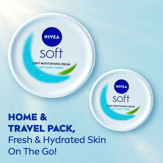 Two NIVEA soft light moisturising cream containers on a light blue background with text about home and travel pack.