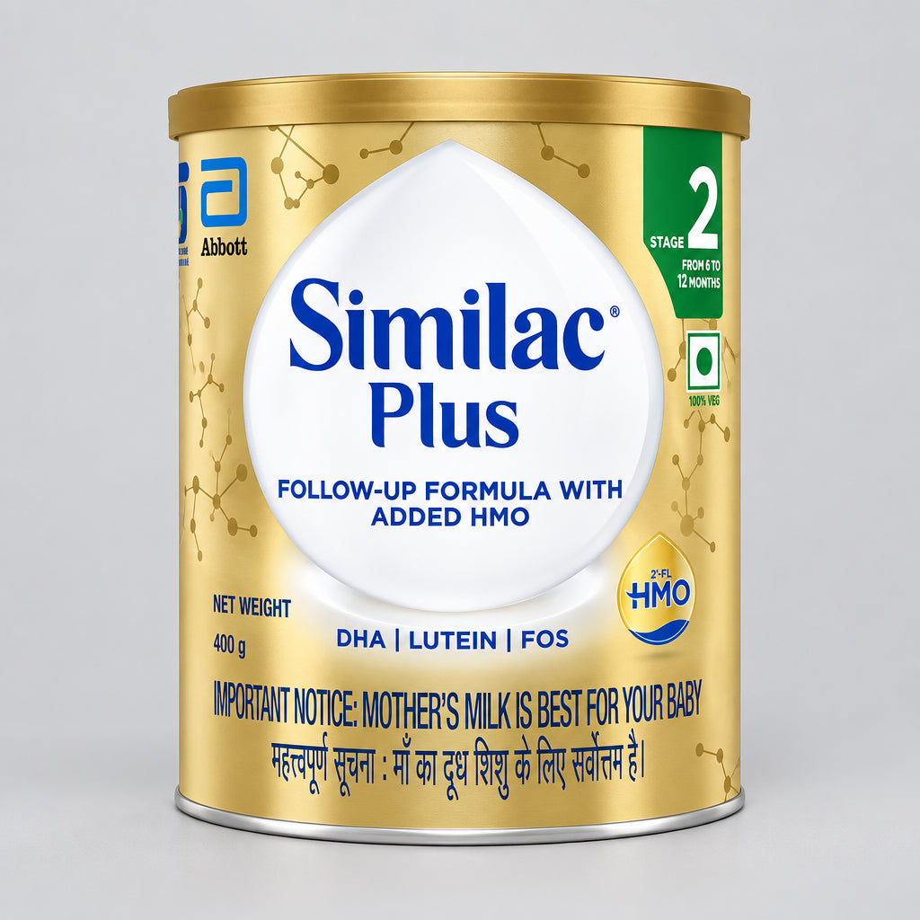 A tin of Similac Plus, a follow-up formula with added HMO for infants, indicating it is lactose-free and has added DHA/ARA.