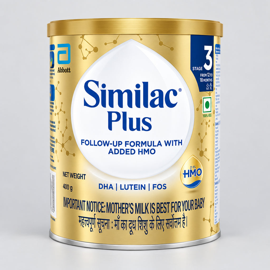 A tin of Similac Plus Stage 3, a follow-up formula with added HMO, intended for infants from 12 months onwards.