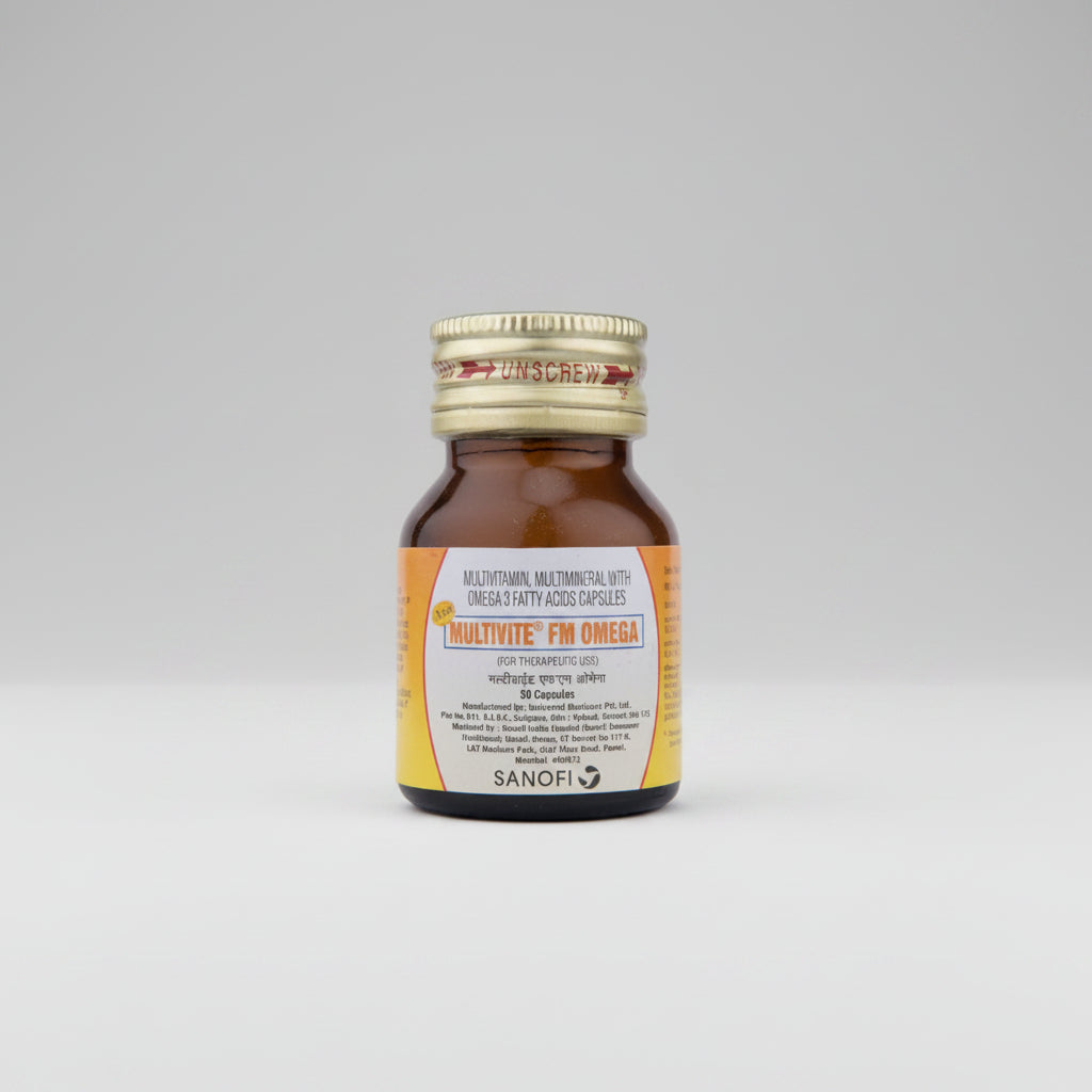 A bottle of Multivite FM Omega capsules, with labeling in various colors including yellow and red, and text in English and another language.