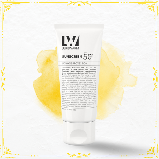 A pump bottle of Lukewarm Sunscreen SPF 50+ with ultra-light texture, against a yellow background with a decorative border.