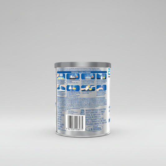 A silver metal can of pet food shown from the back, featuring blue and white text and instructional diagrams, set against a neutral gray background.