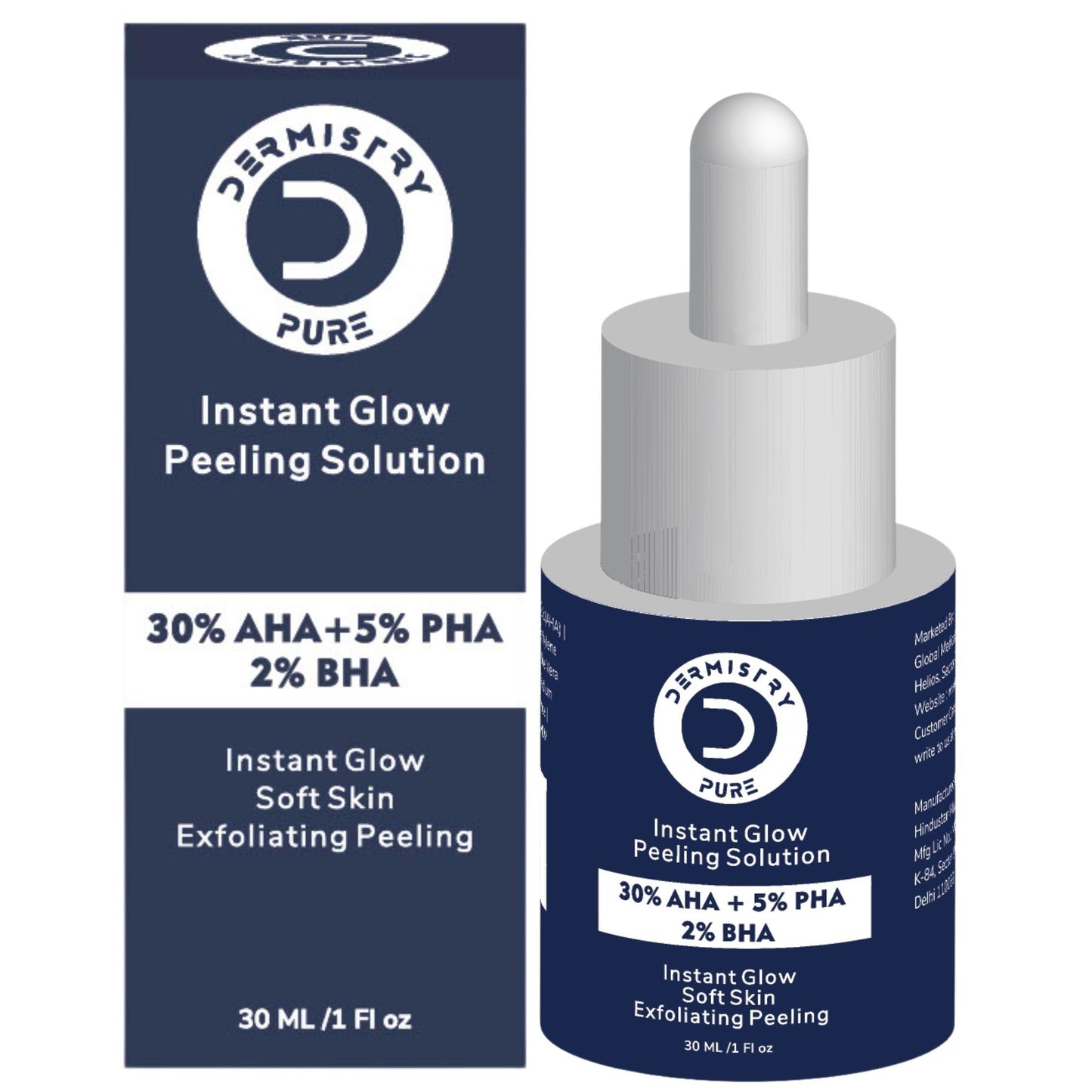 Dermistry Pure 30% AHA 5% PHA 2% BHA Peeling Exfoliating Solution Instant Bright Glow Fairness Serum, 30ml