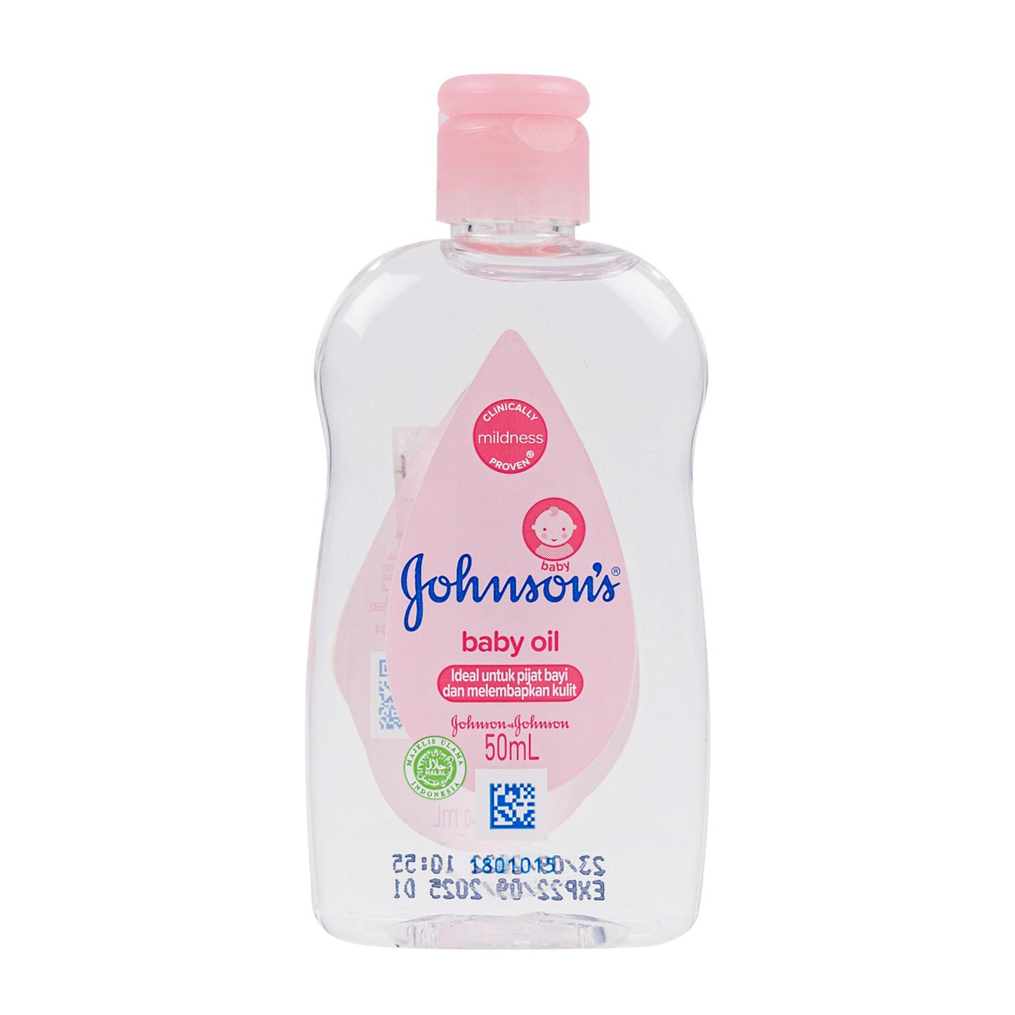 Johnson's baby oil bottle with pink cap on a white background