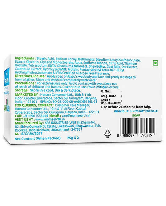 Back of a soap packaging showing ingredients, directions, and contact information on a white background.
