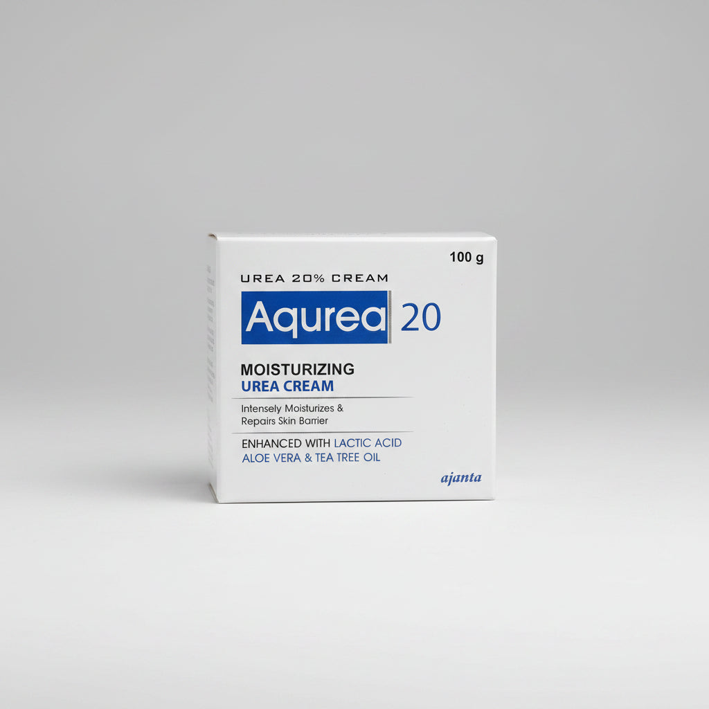 Packaging of Aqurea 20 Moisturizing Urea Cream, showing the product name and key ingredients such as lactic acid, aloe vera, and tea tree oil.