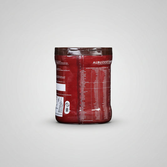 Red supplement container with nutritional information on a white background