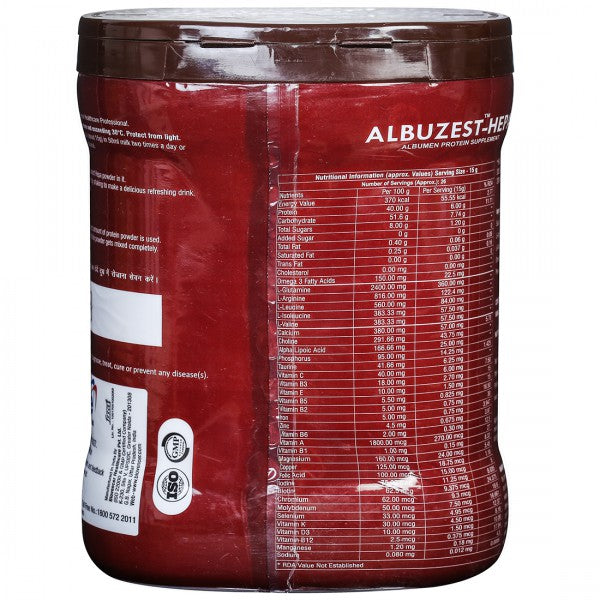 Red supplement container with nutritional information on a white background