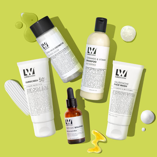 Lukewarm Face Wash, Sunscreen, Extra Virgin Coconut Oil, Glycolic Solution and Ceramide & Vitamin Shampoo : A Complete Head-to-Toe Therapy Pack to Elevate your Skin & Hair Care