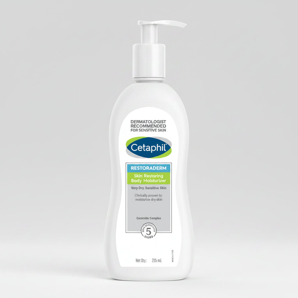 Cetaphil Restoraderm Skin Restoring Body Moisturizer in a pump bottle, 295ml size.