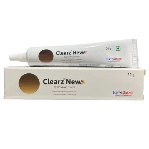 A tube and box of Clearz New Cysteamine Cream, 20gm, with branding and Indian medical registration symbol.