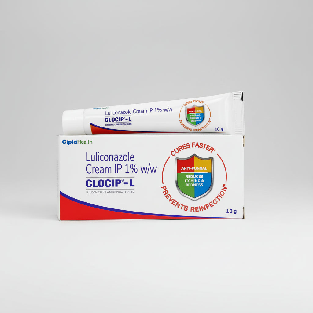 Clocip-L Ciprofloxacin 1% topical ointment shown as a white tube resting on top of its white retail box. The packaging features blue text, red and blue stripes, and a shield graphic indicating anti-fungal and anti-reinfection benefits.