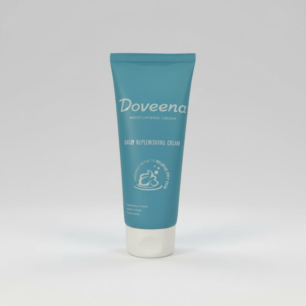 A tube of Doveena Moisturising Cream, with blue packaging and white text.