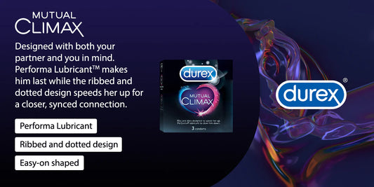 Durex Mutual Climax product packaging with text on a dark background