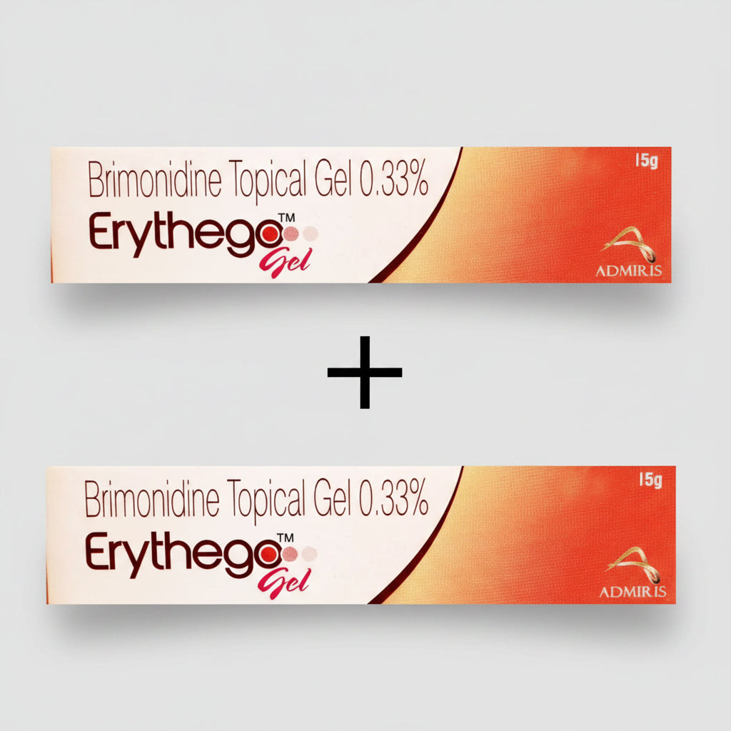 Packaging of Erythego Gel, showing the brand name and the active ingredient, Brimonidine, with a red background and a symbol indicating the product's effect on skin redness.