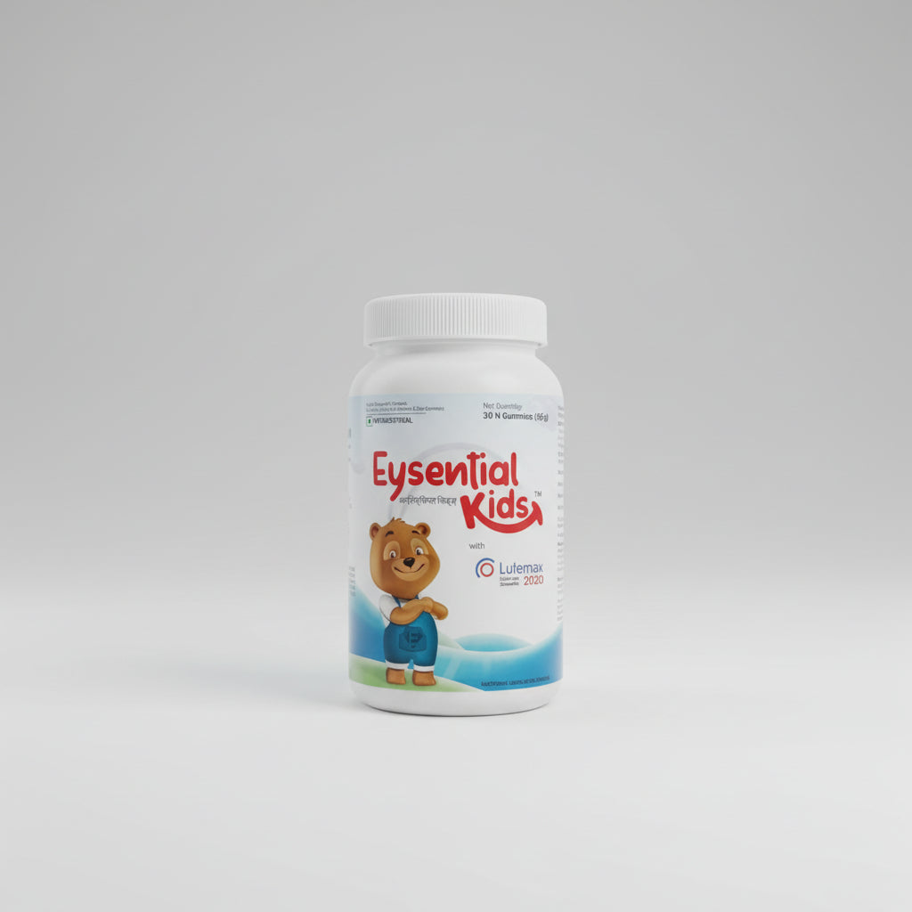 A bottle of Eysential Kids eye health supplement gummies, with a cartoon bear on the label and 30 gummies mentioned on the front.