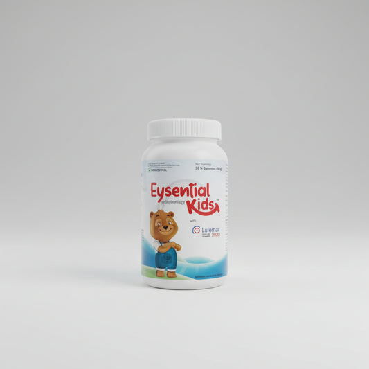 A bottle of Eysential Kids eye health supplement gummies, with a cartoon bear on the label and 30 gummies mentioned on the front.