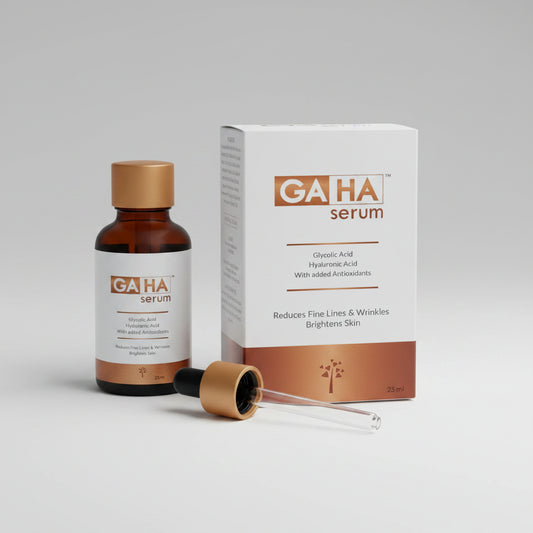 GAHA Serum bottle with amber cap next to its white and brown box, with a glass dropper shown in front on a white background.