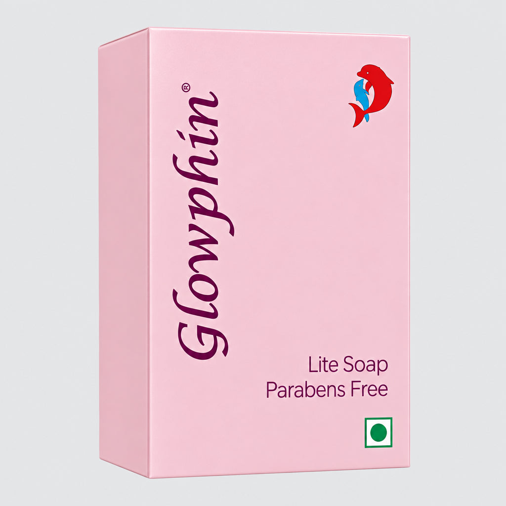 A pink box of Glowphin Lite Soap, featuring the brand name and 'Parabens Free' label, with a graphic of a dolphin.