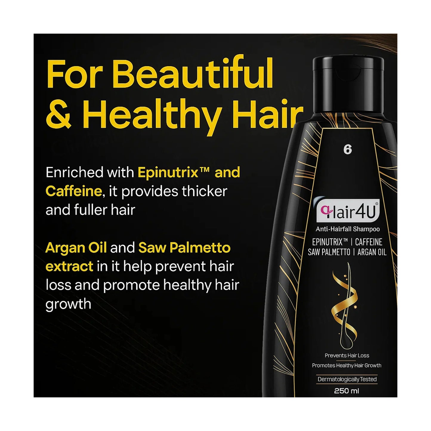 A bottle of hair growth shampoo shown on a black promotional background with yellow and white text. The bottle is black with gold swirl graphics and a white label reading 'hair4U' and 'Anti-Hair Loss Shampoo.