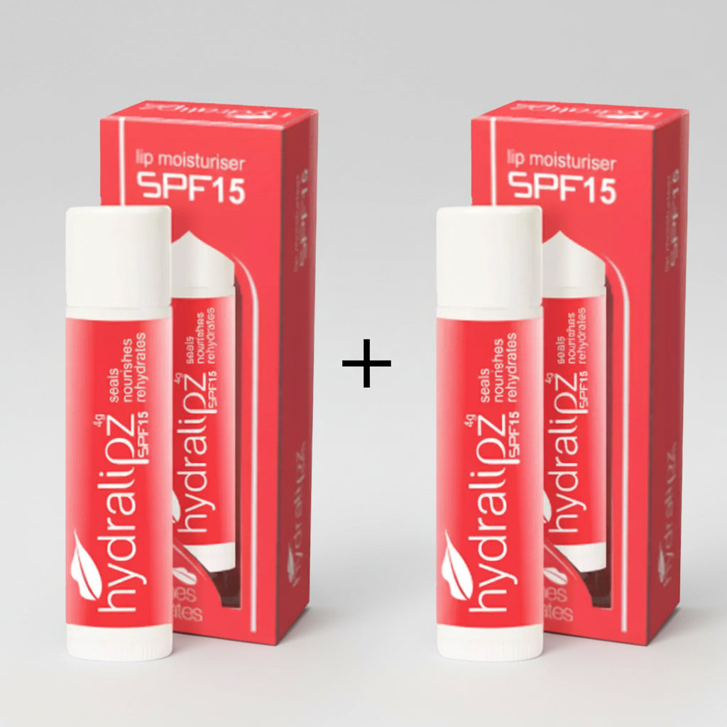 A pack of Hydralipz Spf 15 lip balm, with the product name and SPF protection level displayed on the packaging. The packaging is primarily red and white.