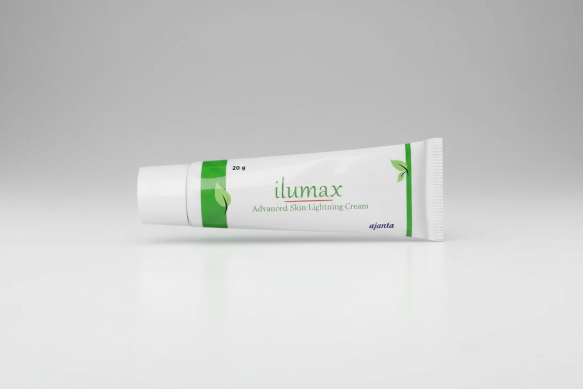 A white squeeze tube of ilumax Advanced Skin Lightning Cream with green leaf accents and branding, shown on a clean white background.