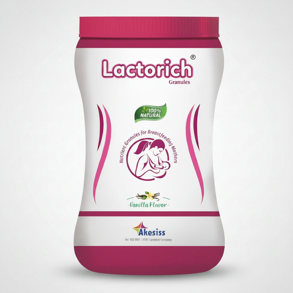 A container of Lactorich Granules, which is a breast enhancing supplement for nursing mothers, with a predominantly pink label.