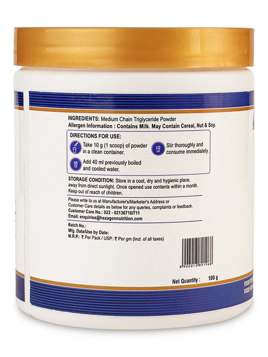 Back view of a supplement container with gold lid and blue label on a white background