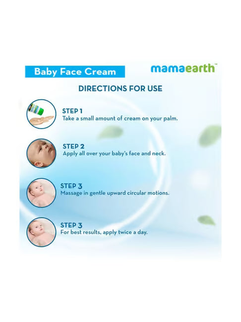 Baby face cream directions for use with mamaearth branding on a light blue background