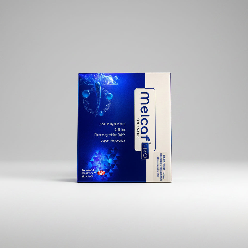 Melcaf PRO Scalp Serum product box by Newmeed Healthcare, featuring a blue and white design with scientific graphic elements.