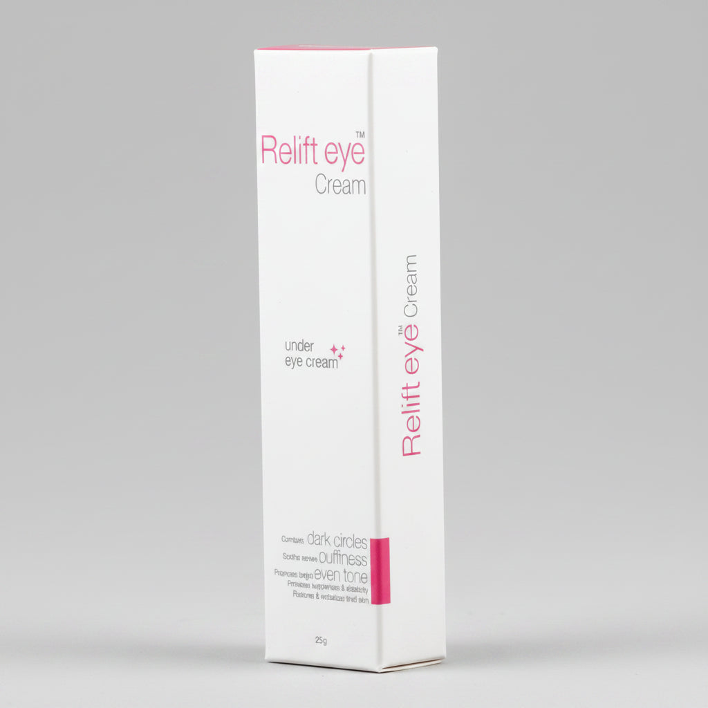 Packaging of Relift Eye Cream, which is designed to combat dark circles and promote bright even tone.
